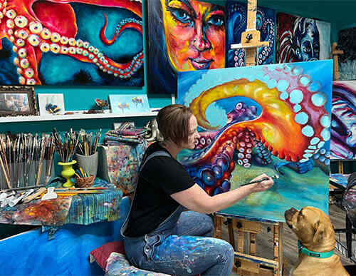 Artist Sian Pampellonne in her studio