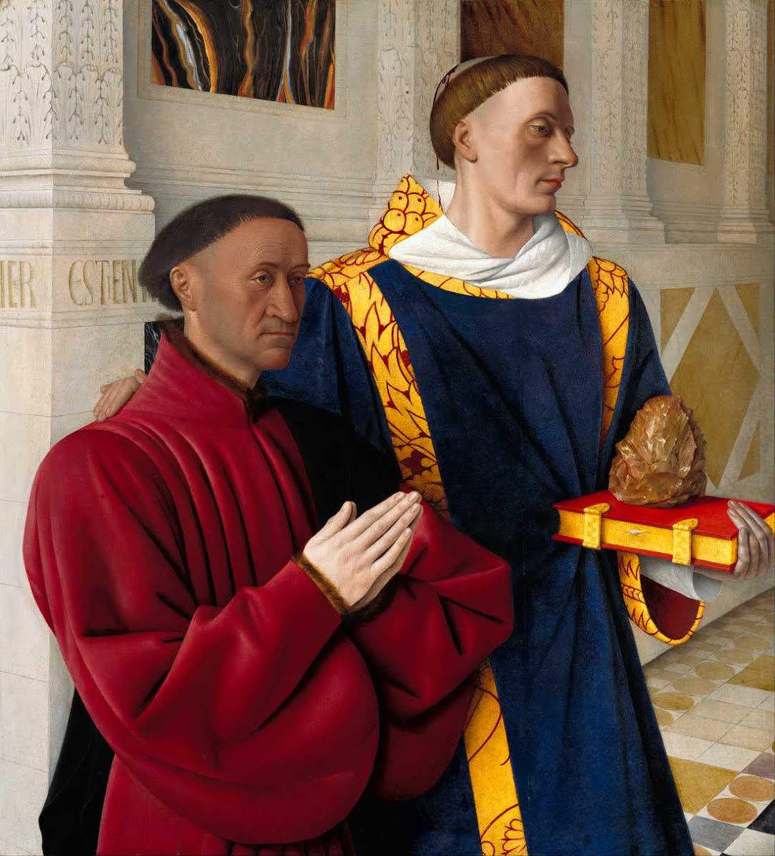 Jean Fouquet, Etienne Chevalier with St. Stephen, c.1454, Staatliche Museen, Berlin, Germany.