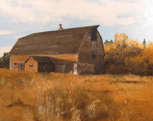 Painting of a barn on the prairie 