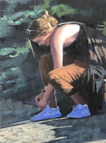 Pastel painting of a girl lacing her shoes