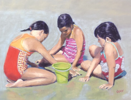 Pastel painting of girls on a beach