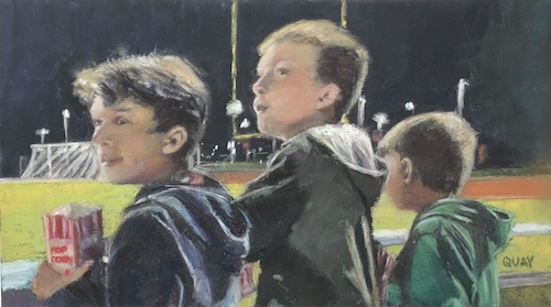 Pastel painting of boys at a football game