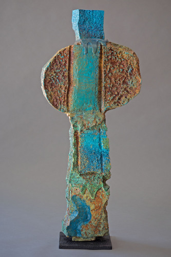 Mixed media sculpture turquoise with rust