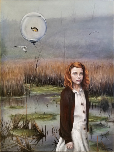 Surreal oil painting of a young girl in a landscape 