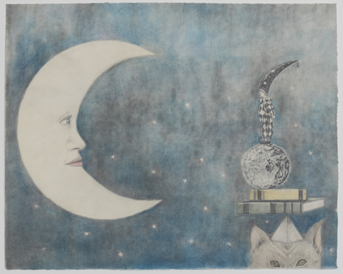 Pencil drawing of a harlequin talking to the moon