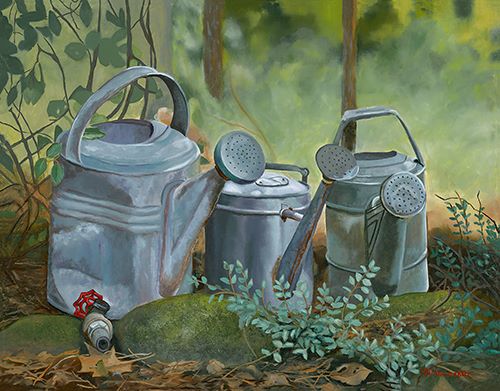 Oil painting of a still life with watering cans