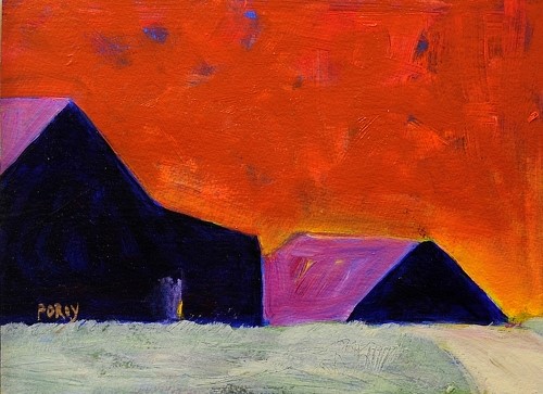 Bold abstract painting of barns