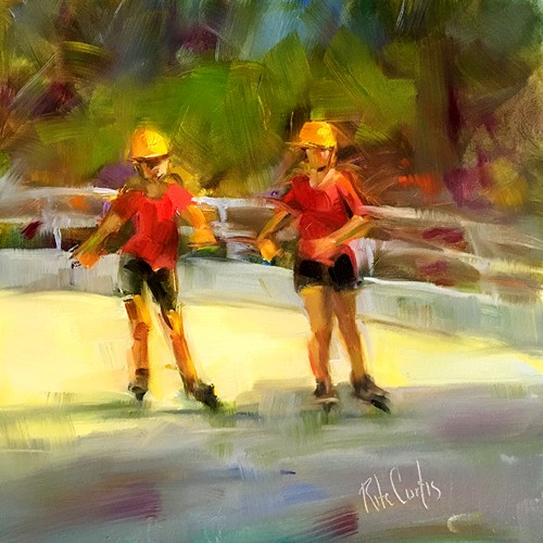 oil painting of kids rollerblading