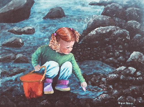 acrylic painting of a child at a tidepool by Bonnie Owen