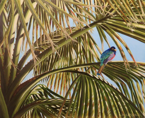 oil painting of a bird in a palm tree