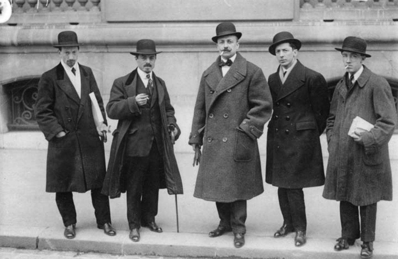 Futurists Luigi Russolo, Carlo Carrà, Filippo Tommaso Marinetti, Umberto Boccioni and Gino Severini in front of Le Figaro, Paris, February 9, 1912