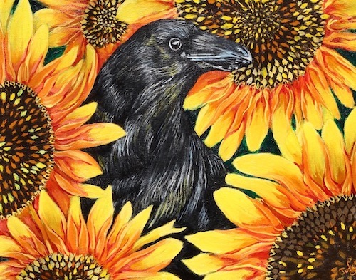 oil painting of a crow and sunflowers by Judy Goddard