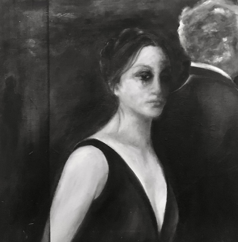 black and white figurative painting of a man and woman