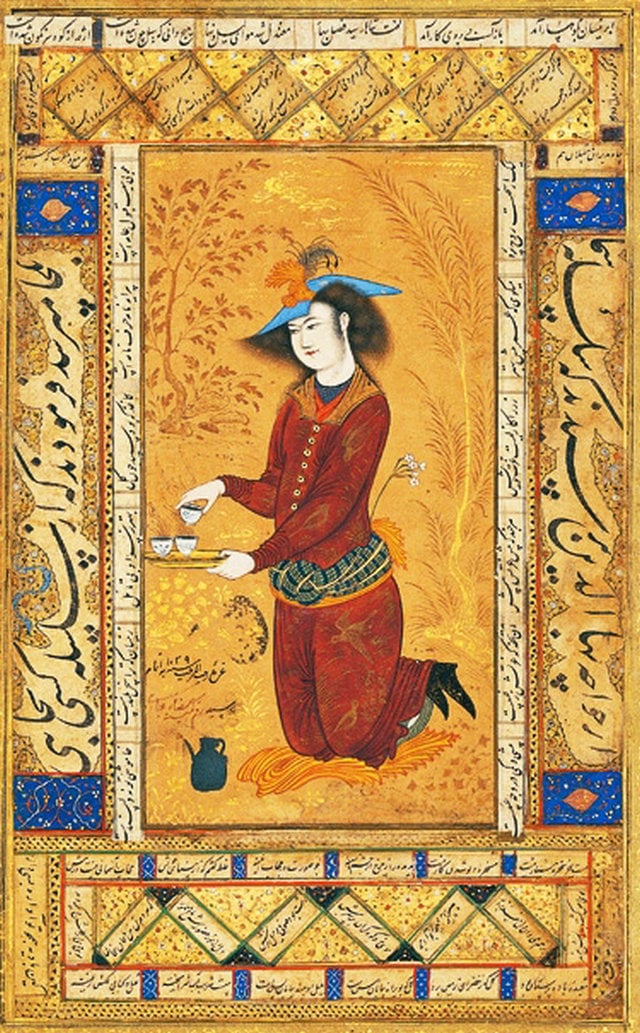miniatures of Reza Abbasi: Reza Abbasi, Saki, 1609, Golestan Palace, Teheran, Iran.