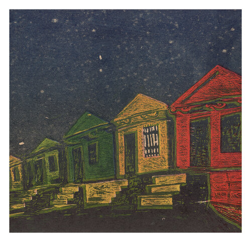 woodcut of houses at night by Janet Lefley