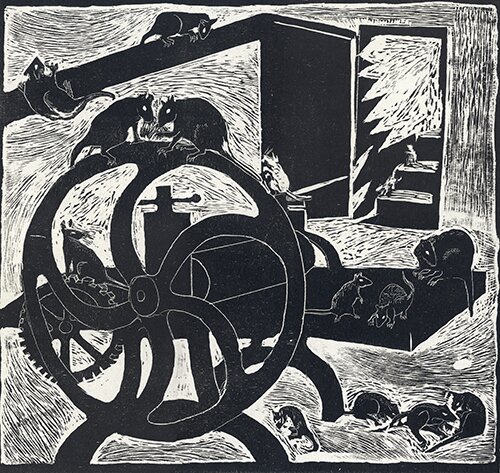 woodcut of rats in a print shop by Janet Lefley