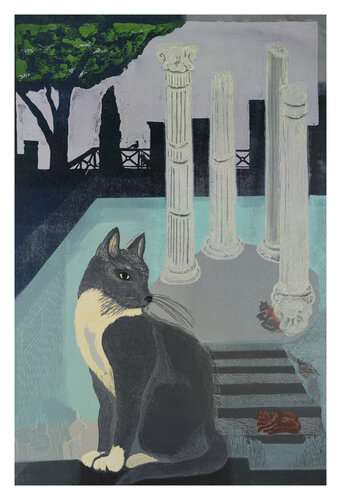 Woodcut print of a cat in Rome by Janet Lefley
