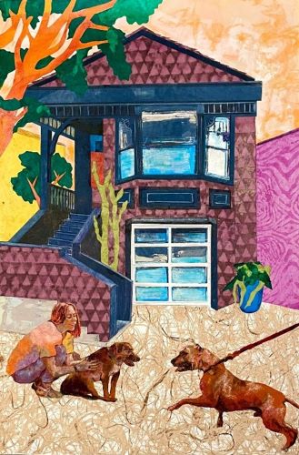 mixed media collage with dogs