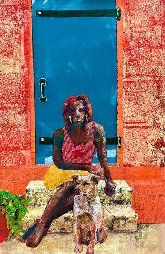 Figurative collage mixed media with dogs