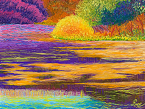 Colorful painting of a pond by Rossana Kelton