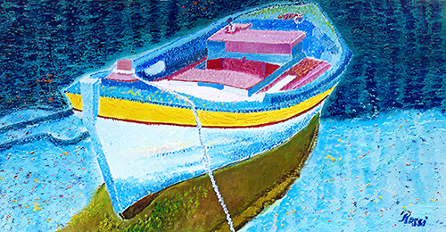 Oil painting of a small boat by Rossana Kelton