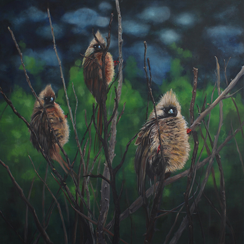 oil painting of three birds at night by Sherie Harkins