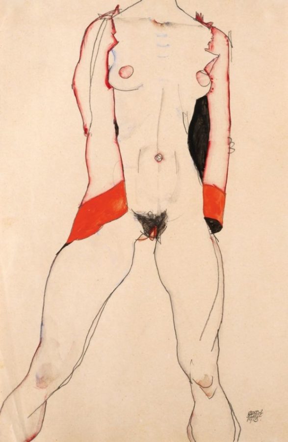 Standing Nude in Red Jacket (1913) by Egon Schiele (Private Collection