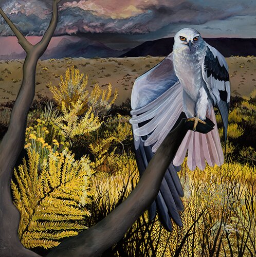 Dramatic painting of a bird perched in a landscape by artist Allison Richter