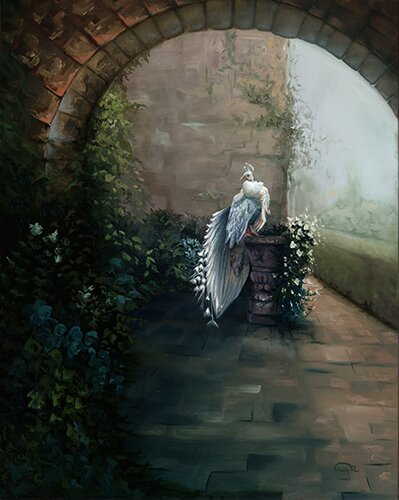 Painting of a peacock in a walled garden by Allison Richter