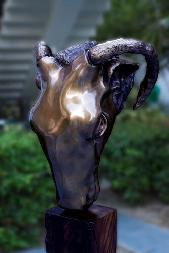 Bronze sculpture of a ram's head by Fermin Fleites