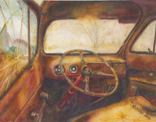 watercolor painting of an old rusted car