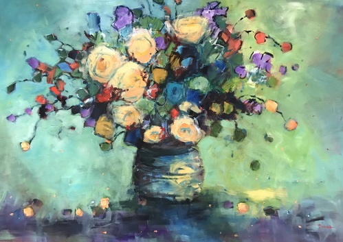 Whimsical colorful painting of a vase of flowers