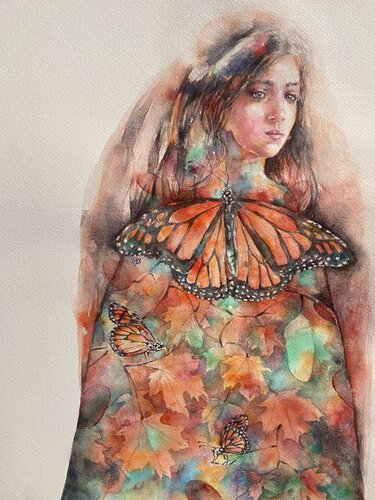 Watercolor portrait of a young woman and butterfly