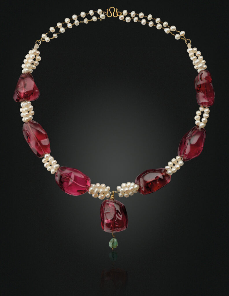 Imperial Spinel and Pearl Necklace with a Dangling Emerald; The Art of Jewels: Spinel