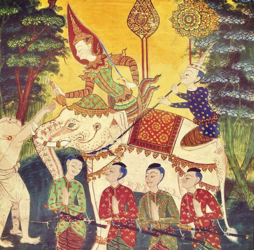 bodhisattvas, painting on cloth, the prince is sitting on the elephant and pouring water into the brahmins hands, four men are standing in the foreground, trees are in the background