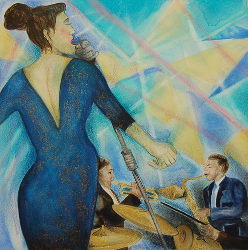 Collaborative painting of Lady in Blue singing by Sabin Cannon and Pamela Goldberg