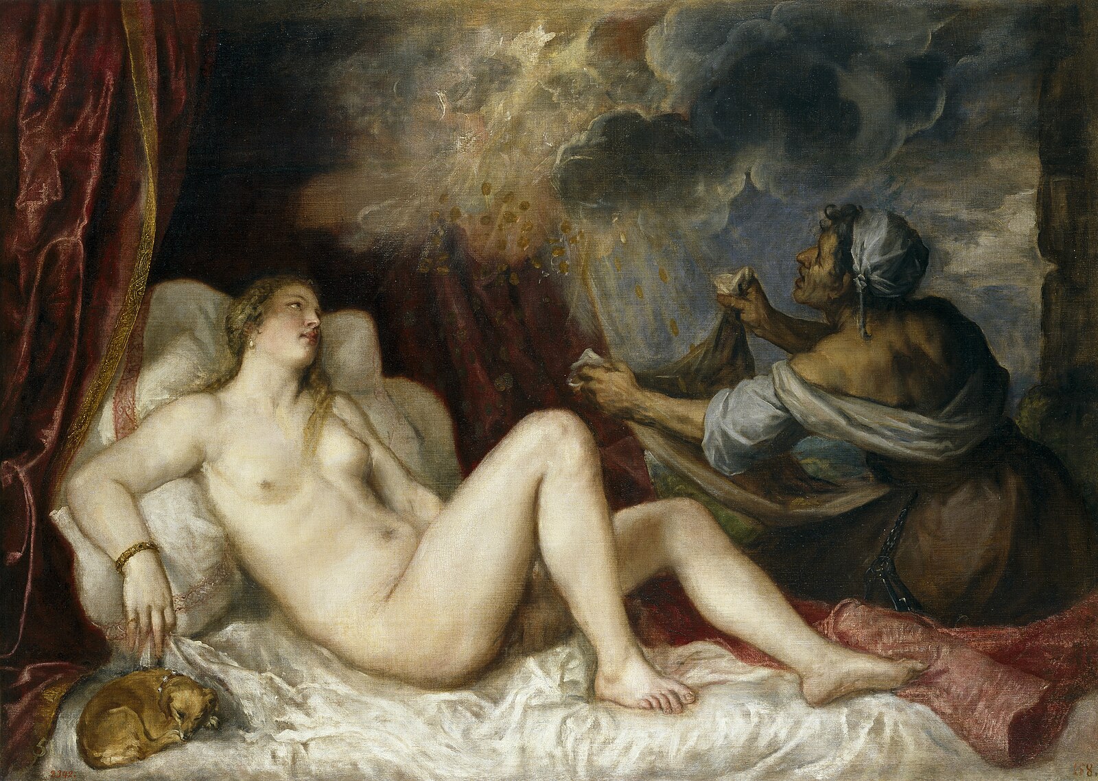 Zeus' lovers:Titian, <em>Danaë with Nursemaid or Danaë Receiving the Golden Rain</em>, 1553–1554, Museo del Prado, 