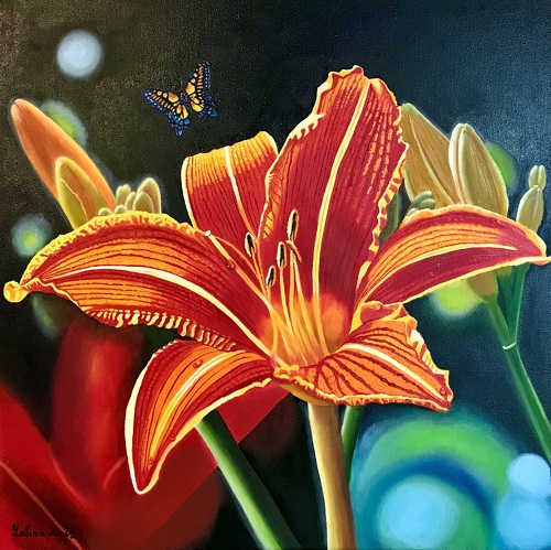 painting of orange lily and butterfly in oil
