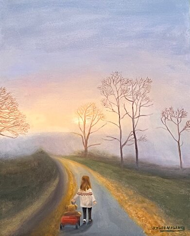 oil painting of two friends on the road