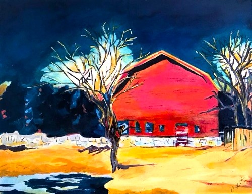 acrylic painting of a red barn