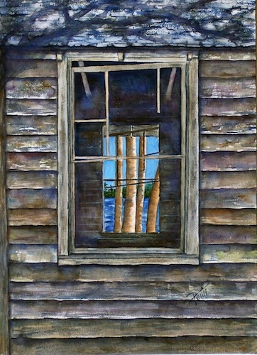 painting of a window in an abandoned building
