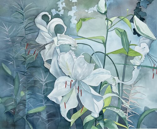 watercolor of lilies by Susanna Goldman