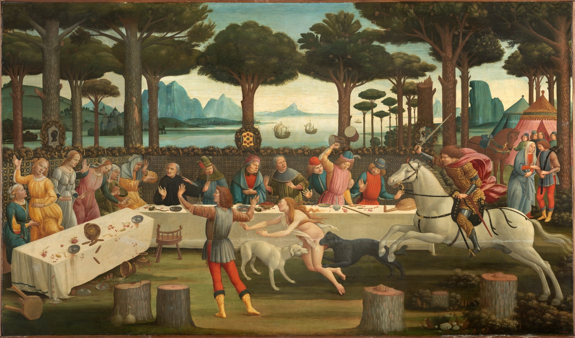 feasts painting: Sandro Botticelli, The Story of Nastagio degli Onesti: The Banquet in the Pine Forest