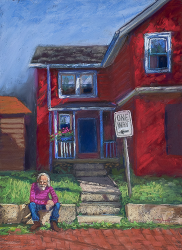 pastel painting of a man and his house in a neighborhood