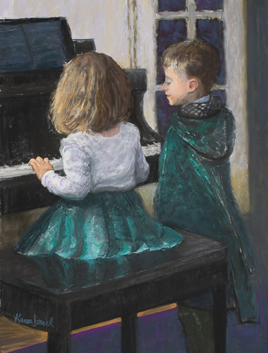 pastel painting of children at the piano