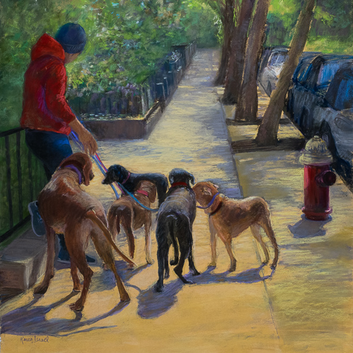 pastel painting of a dog walker and pets