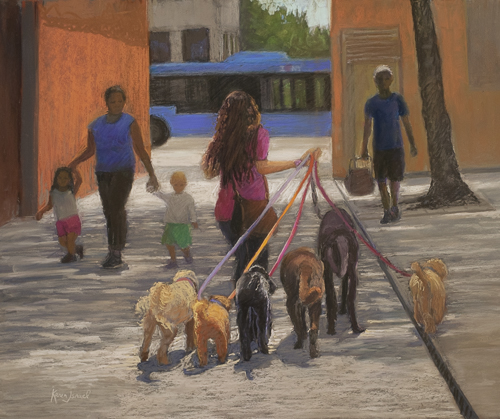 pastel painting of dog walkers in the city