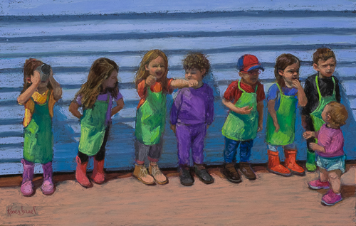 pastel painting of a group of young children