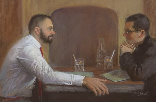 pastel painting of an emotional scene between two men