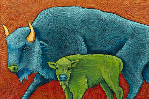 whimsical painting of a bison and calf